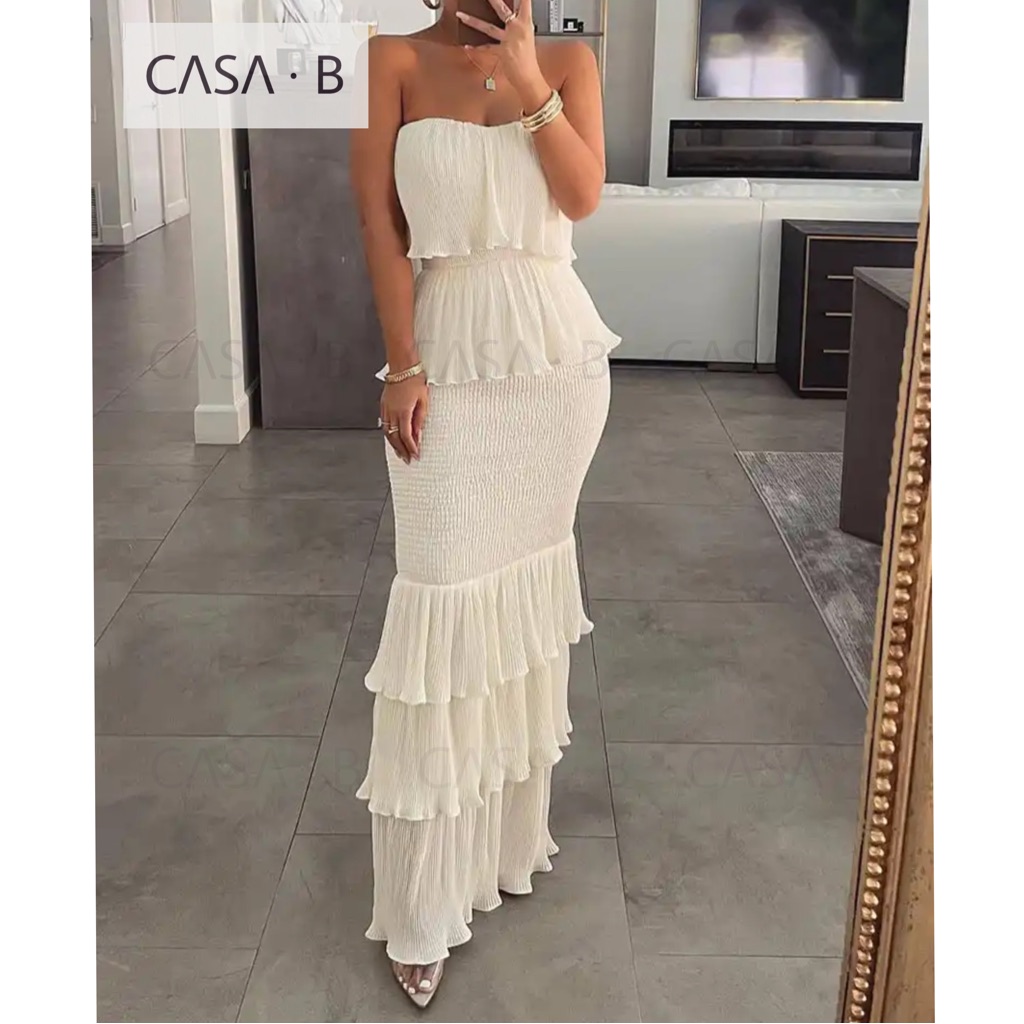 Last Onecasa B| Olivia Tiered Elegant Ruffle Hem Tiered Midi Party Dress